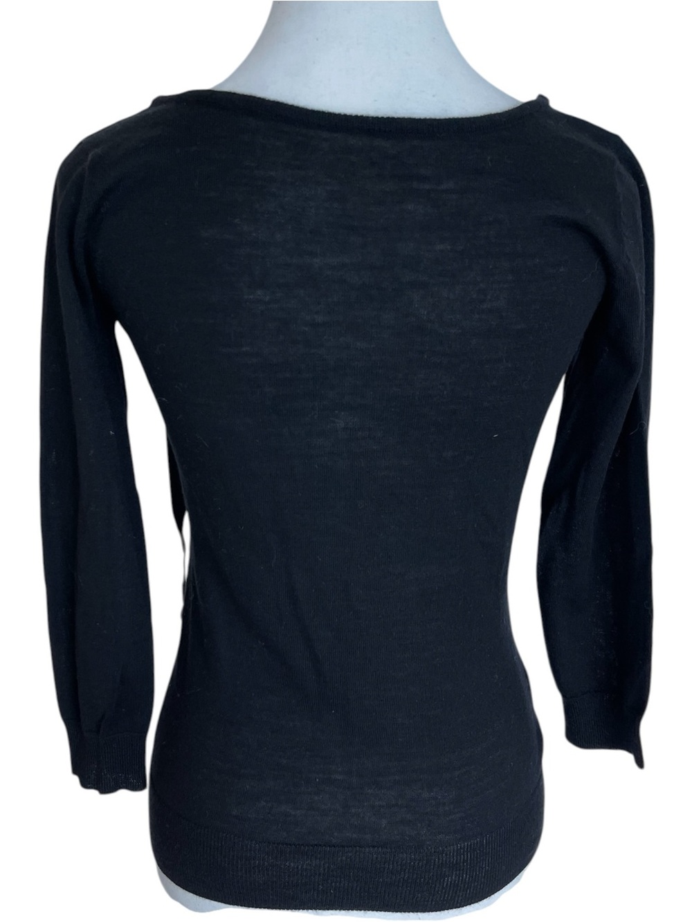 Women’s Black Merino Wool Knit Scoop Neck Sweater Size Small Ribbon Tie